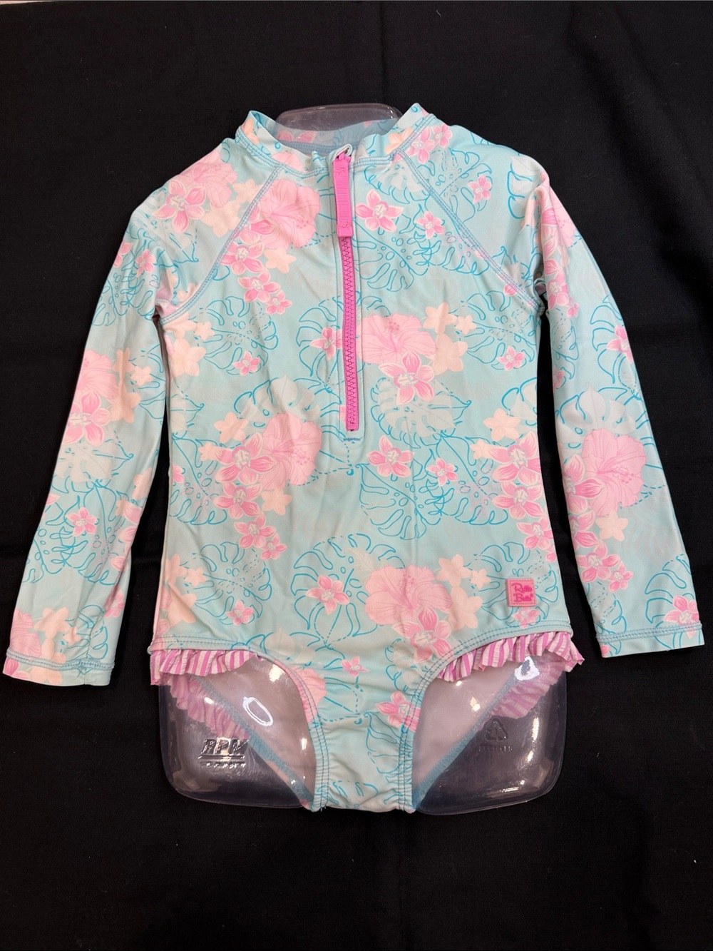 RUFFLE BUTTS 1 PIECE LONG SLEEVE UPF50+ ZIP FRONT TROPICAL AQUA & PINK SWIMSUIT